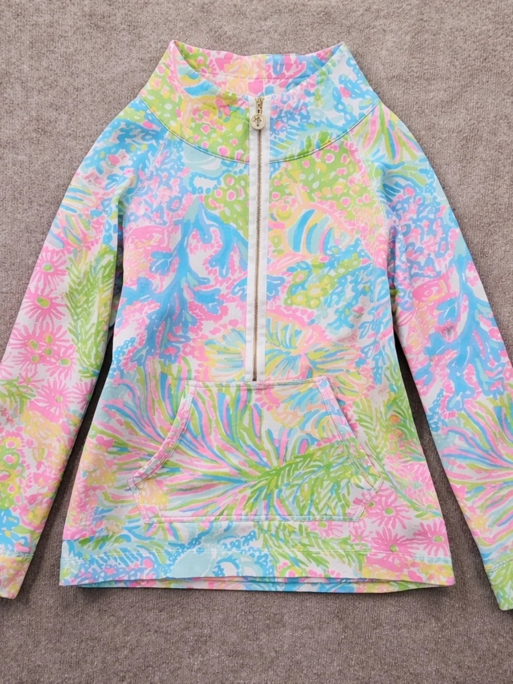 Lilly Pulitzer Half Zip Pullover Medium Tropical Print Pink Blue Green - Picture 5 of 12
